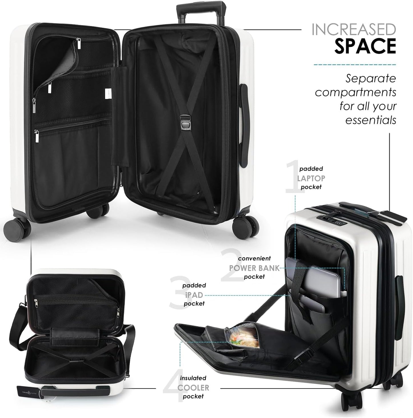 22 Inch Carry On Luggage 22x14x9 Airline Approved, Carry On Suitcase with Wheels, Hard-shell Carry-on Luggage, Durable Luggage Carry-On, White Small Suitcase with Cosmetic Case