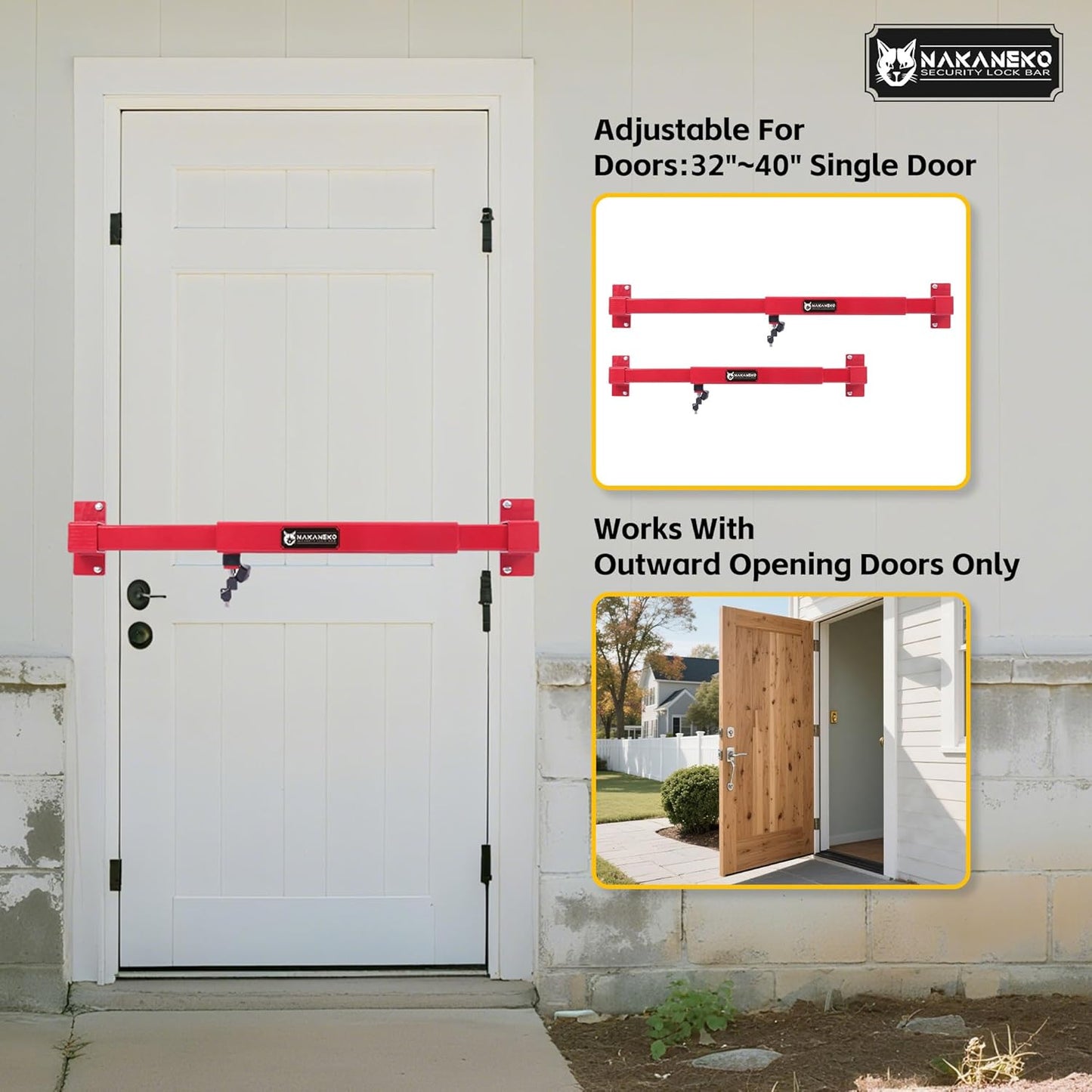 Door Security Bar-by NAKANEKO The Entire Width of Your Outward Opening Front Door-Safe Jobsite Office bar. 2500 pounds of Resistance Fits Doors 33"-40" Wide.(Keyed Differently)