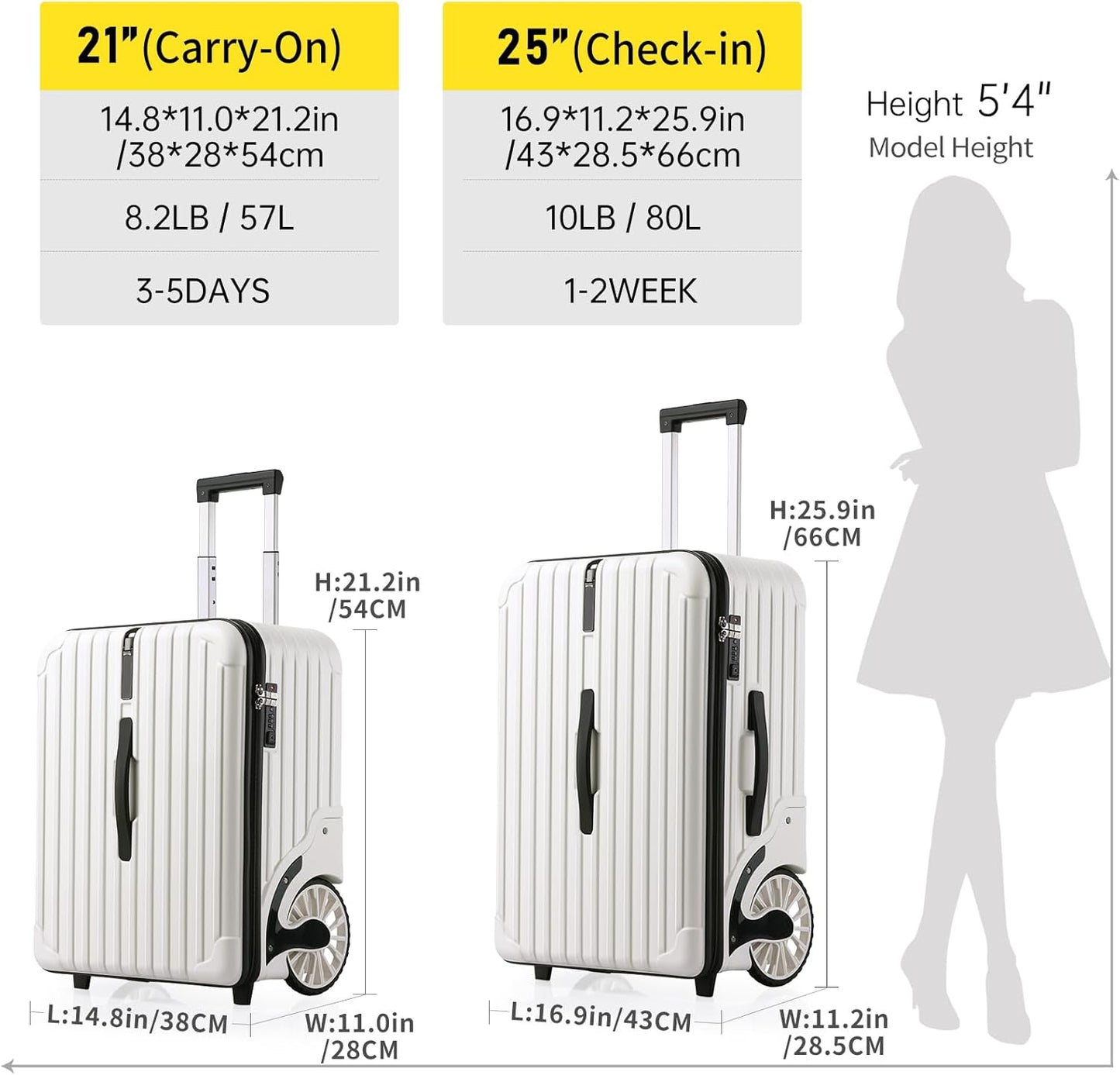 Extra Large Wheels 80L Luggage Hard Shell Suitcase Top Opening Hardside Travel Checked Luggage with TSA Lock (White, 25-Inch)