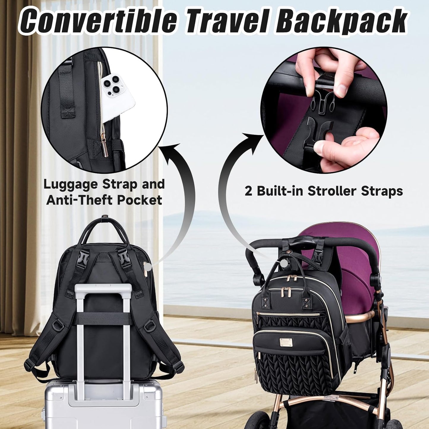 Diaper Bag Backpack,Stylish Baby Diaper Bag,Waterproof Travel Diaper Backpacks Baby Bags with Changing Pad,Stroller Straps,Insulated Pockets (Black)