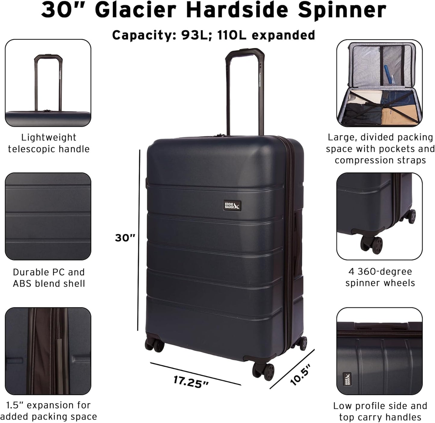Eddie Bauer Glacier Carry-On 22" and Checked 30" Luggage | Hardside | Spinner Wheels | Expandable | Lightweight | Travel Essentials - Carbon Grey