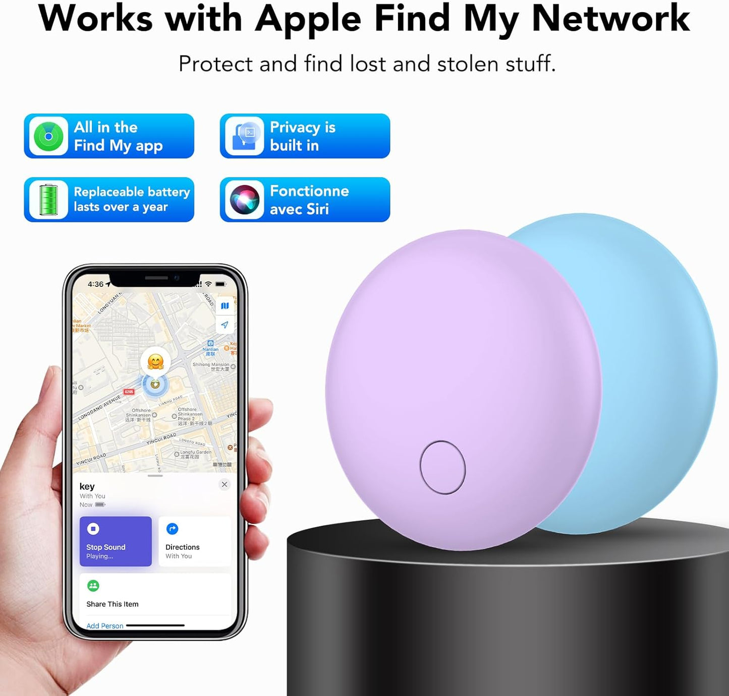 Air Tracker Tags 4-Pack, Item Finders Work for Apple Find My APP(iOS Only) Tracker Tags for Keys, Luggage, Bag etc,Replaceable Battery Last 1 Year, Loud Beep, IP68 Waterproof with Holder Keychain