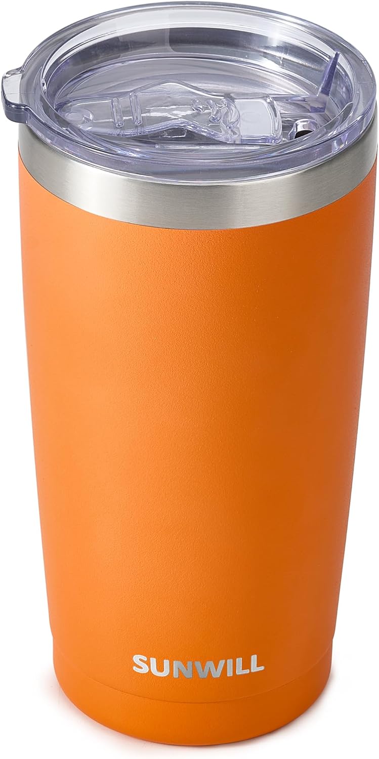 SUNWILL Travel Coffee Tumbler 20 oz, Insulated Mug with Lid, Stainless Steel Cup for Hot and Cold Drinks, Powder Coated Orange