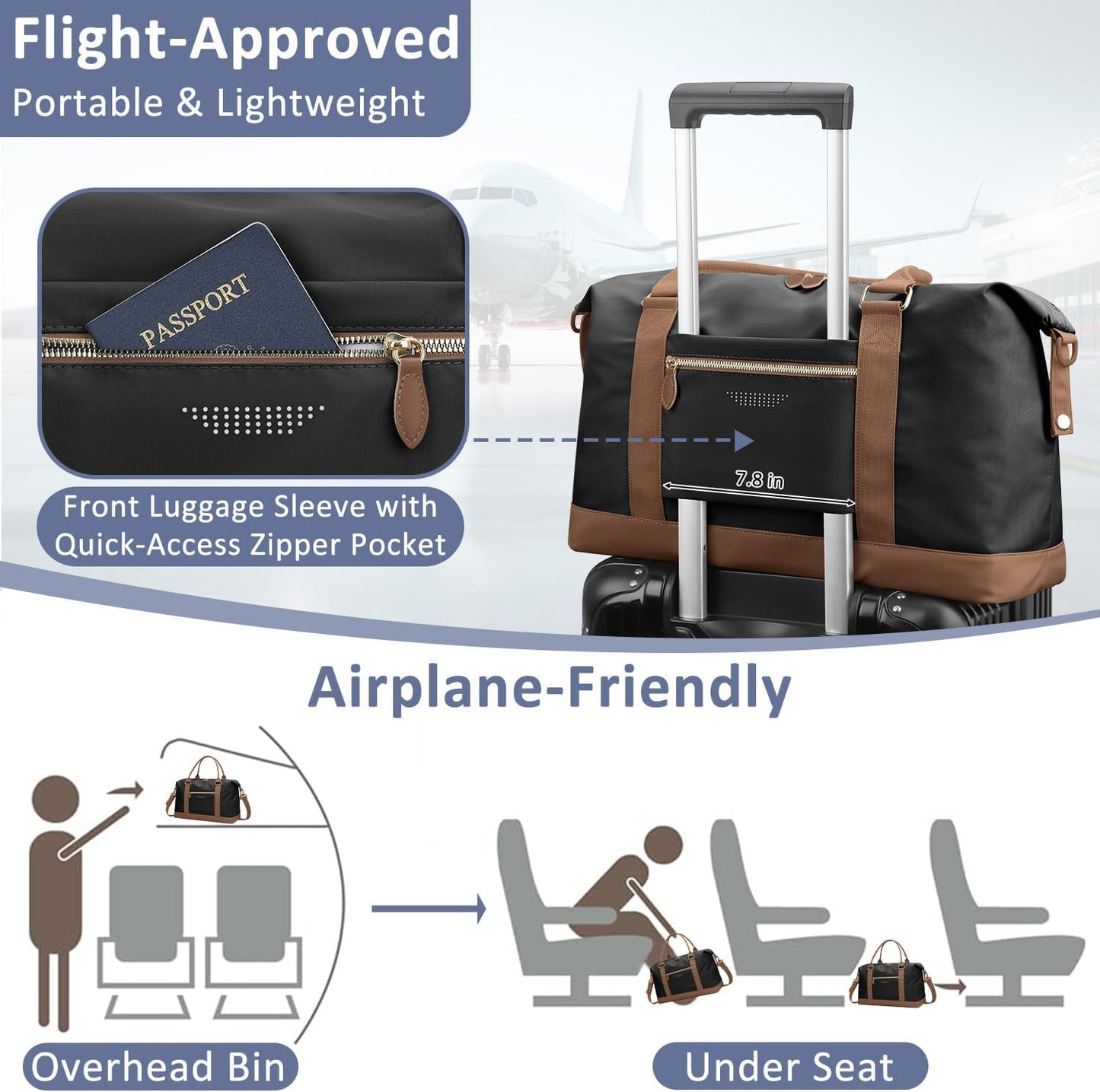 Travel Duffle Bag for Women, Weekender Bags, Hospital Bag for Labor Delivery, Lightweight Tote Duffel Overnight Bag with Luggage Sleeve, Airplane Travel Bags with Toiletry Bag,X-Large,Black