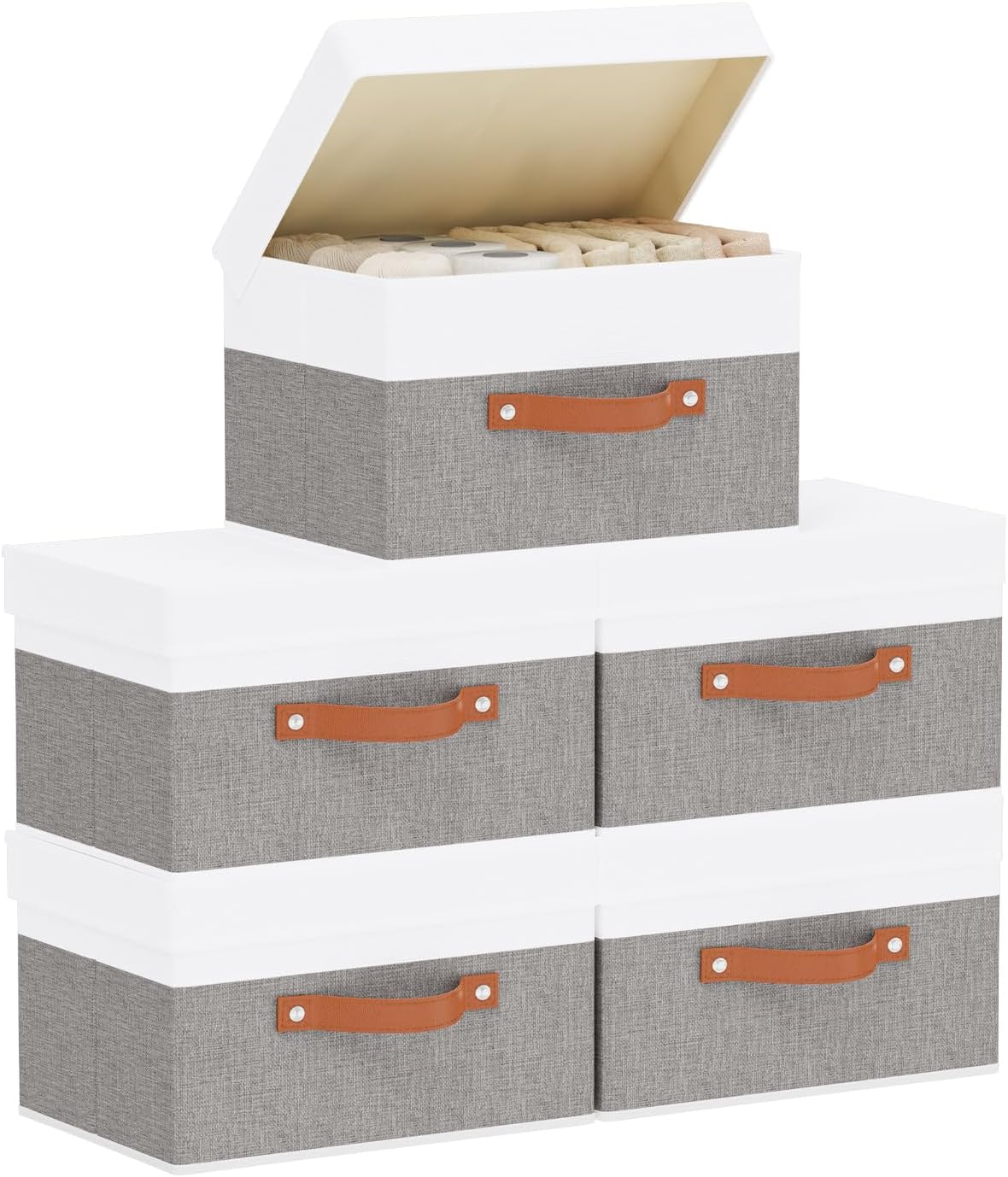 Fabric Storage Boxes with Lids, Linen Foldable Cloth Baskets, Closet Organizer Containers with Double Handles, Sweater Bins for Bedroom, White and Grey, 5 Pack, 13 x 9.1 x 7.9 Inch