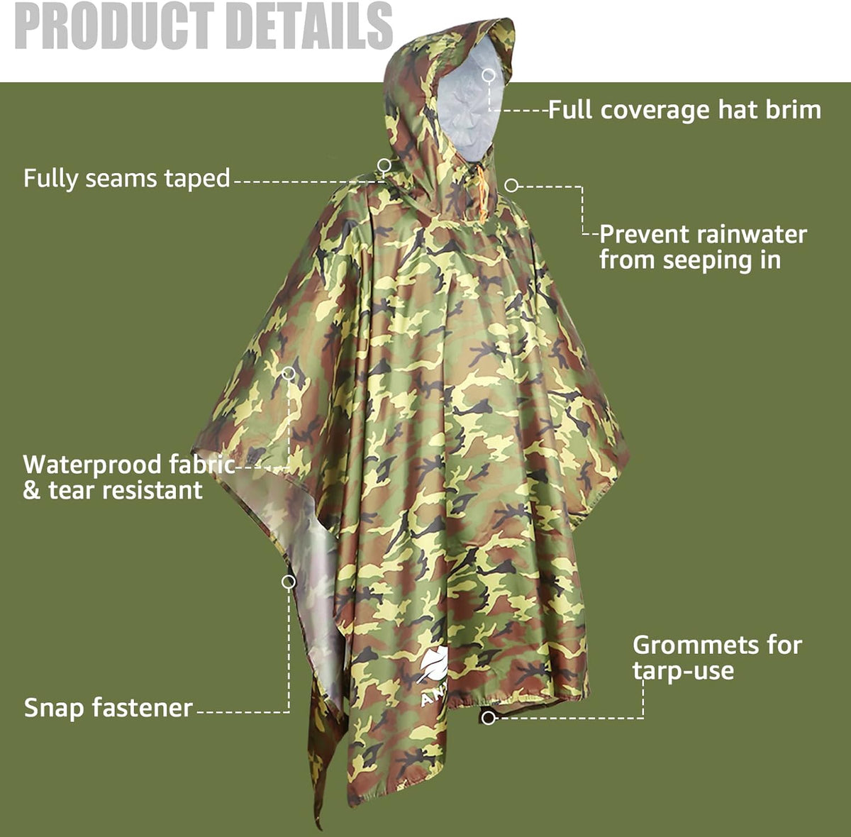 ANYOO Hooded Rain Poncho for Adults Waterproof Lightweight Rain Coat for Men Women Reusable Rain Jacket for Emergency Outdoor