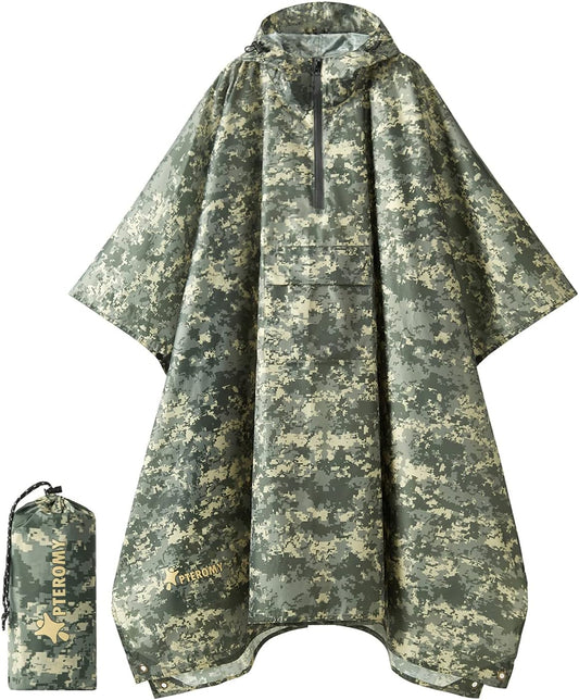 PTEROMY Hooded Rain Poncho for Adult with Pocket, Waterproof Lightweight Unisex Raincoat for Hiking Camping Emergency