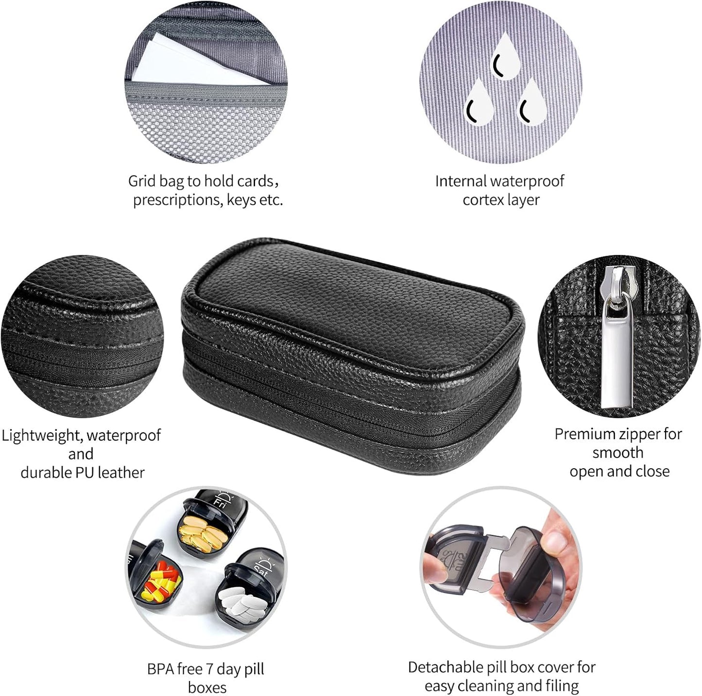 Serfeymi Weekly Travel Pill Organizer 2 Times A Day AM PM Upgraded Black Pill Box 7 Day with Portable Zipper PU Leather Pill Case, Medicine Organizer for Pills, Vitamins, Fish Oils - Black 01