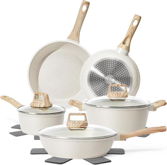12 Pcs Pots and Pans Set, Nonstick Cookware Sets White Granite Induction Cookware, Non-toxic Healthy Non Stick Kitchen Cooking Set with Frying Pans Set, Saucepans,Steamer (PFAS, PFOA, PFOS Free)