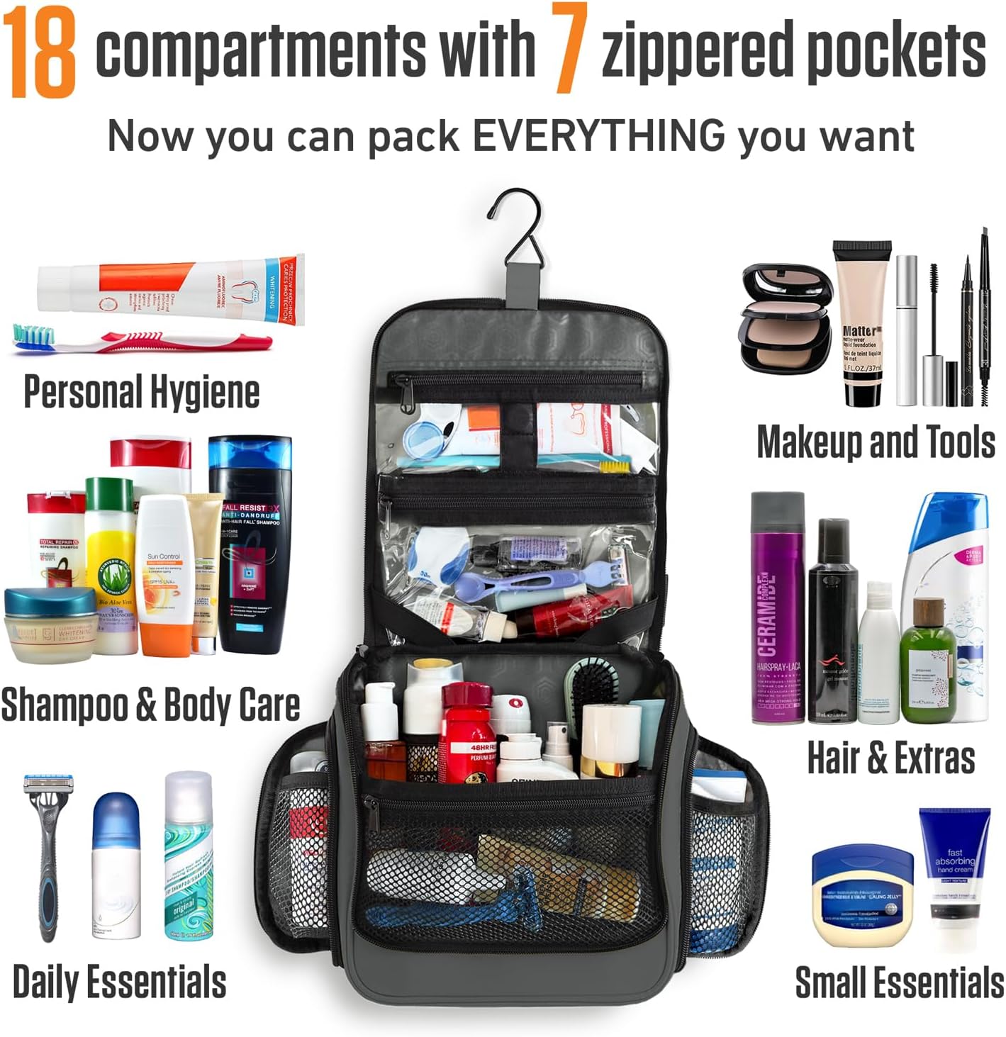 VENTURE 4TH Hanging Travel Toiletry Bag for Women & Men - Travel Organizer with Expandable Compartments & Removable Clear Pouch for Toiletries (Shadow Gray)