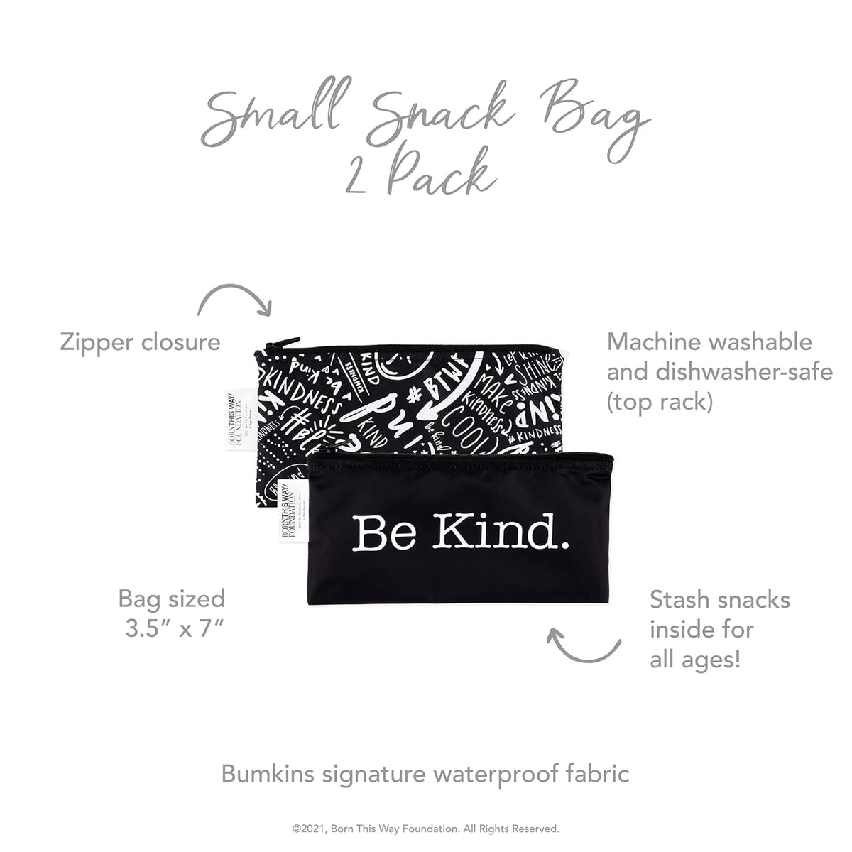 Bumkins Reusable Snack Bags, for Kids School Lunch and for Adults Portion, Washable Fabric, Waterproof Cloth Zip Bag, Supplies Travel Pouch, Food-Safe Storage, 2-pk Born This Way Be Kind