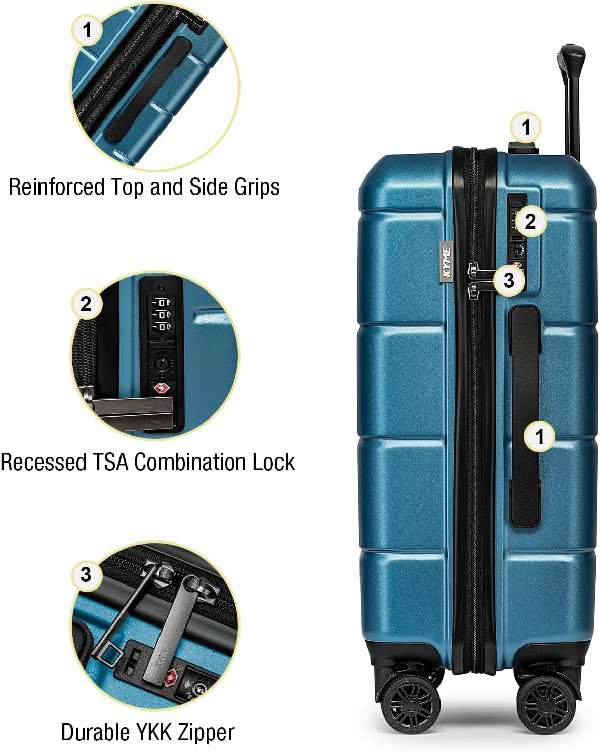 KYME Luggage Sets 3 Piece Hardshell 22in/26in/30in Suitcases with Spinner Wheels Hardside Suitcase Sets with TSA Lock Travel Rolling Luggage Set for Women Men Blue