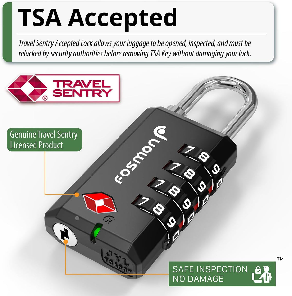 Fosmon TSA Approved Locks for Luggage, Suitcase, Heavy Duty Gun Safe Lock for Gun Case, 4 Digit Shackle Combination Padlock for Travel, Backpack Zipper Anti Theft, Gym Locker, Pistol, Handgun