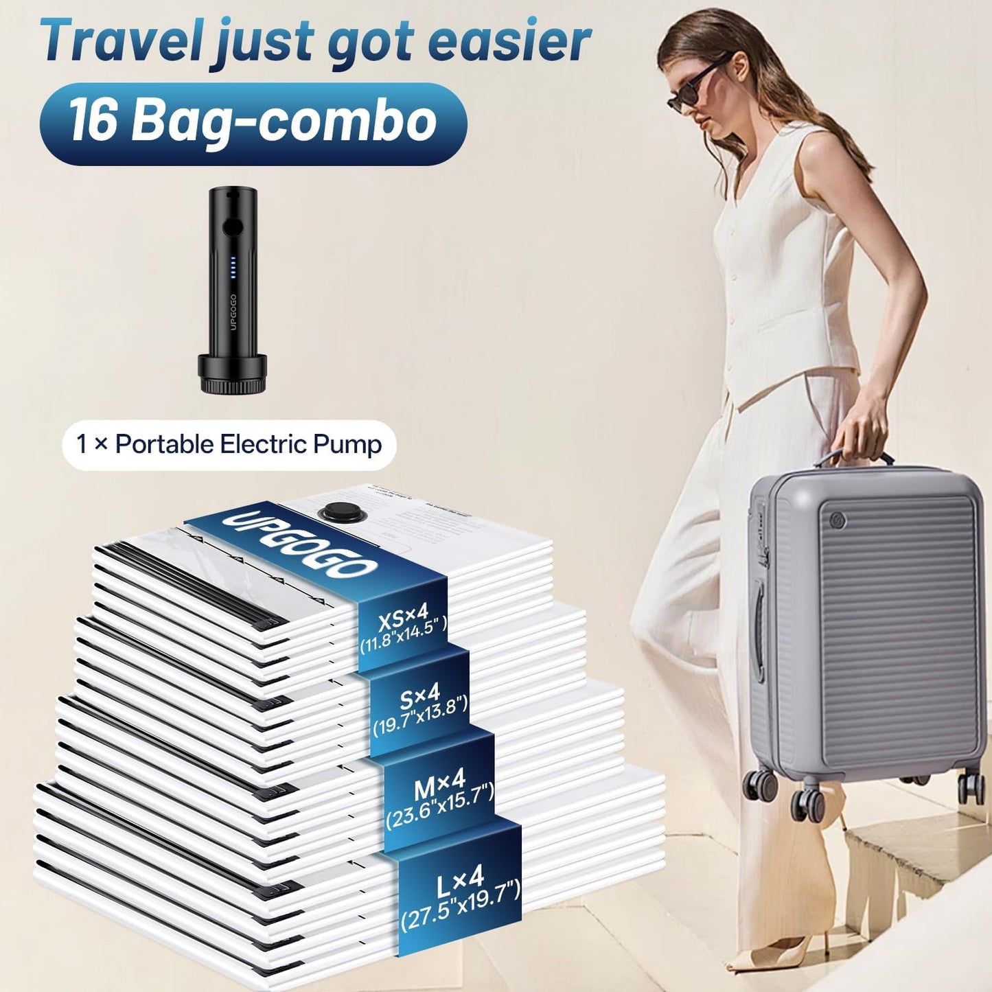 Combo 16 Pack Travel Vacuum Bags for Luggage with Portable Electric Pump,Vacuum Seal Bags for Clothing,Packing Cubes Compression,Cruise Ship and Travel Essentials