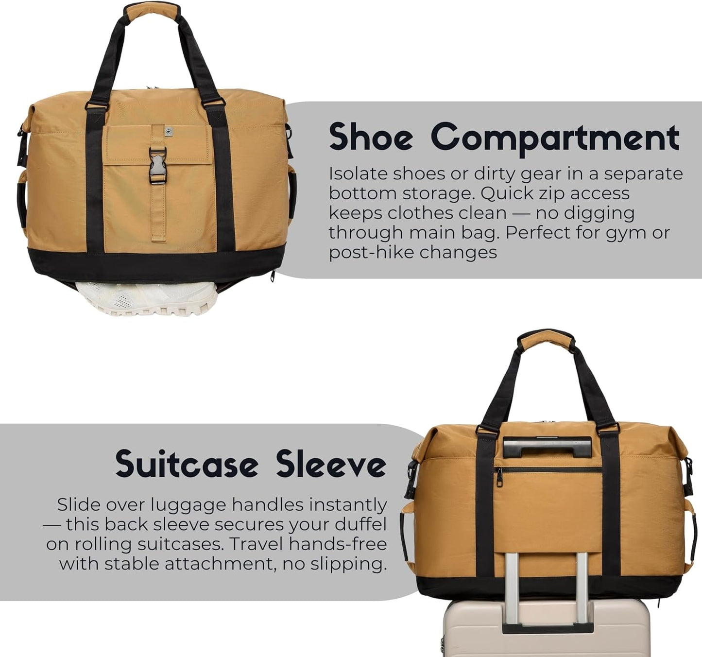 SUNNY BIRD Duffel with Utility Pouch, 40L Weekender Overnight Bag with Shoe Compartment for Travel and Sports (Brown and black)