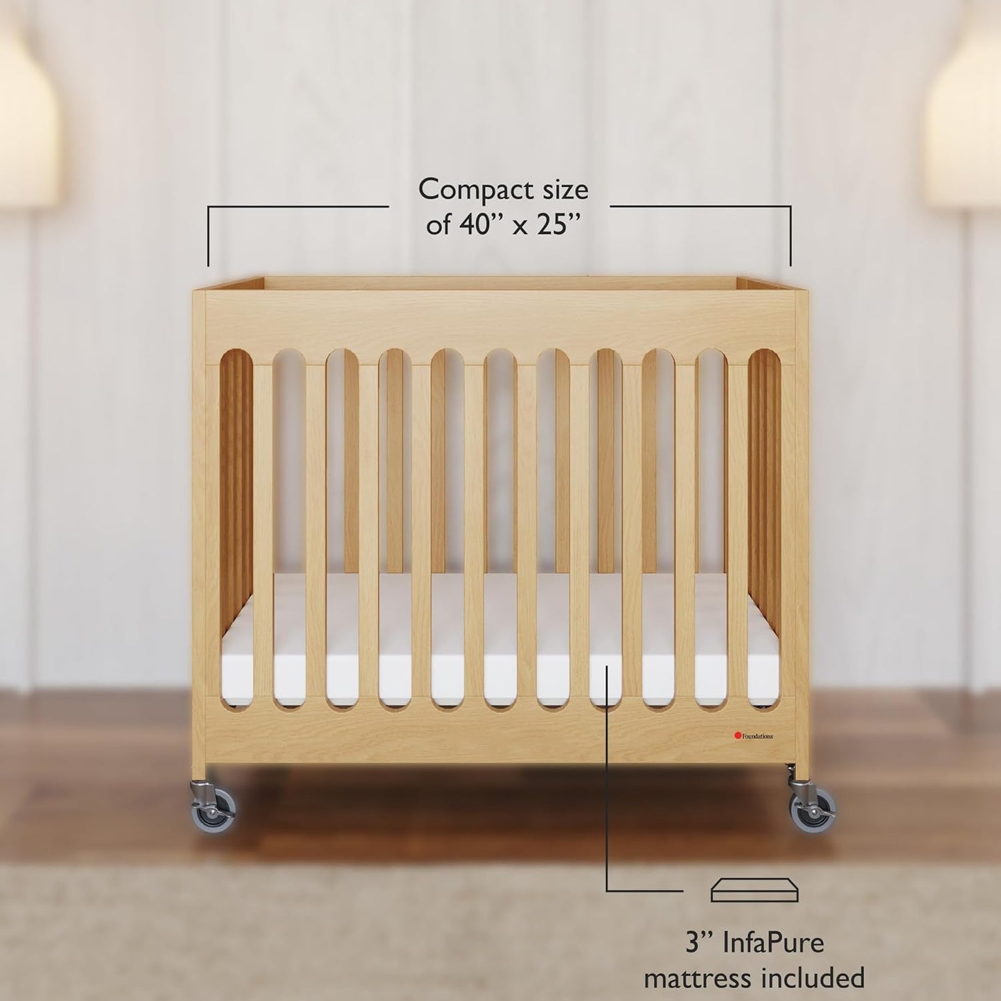 Foundations Boutique Folding Hotel Crib and Sheet Bundle - Includes Wooden Mini Crib with 3" Foam Mattress (Natural) and 6-Pack White Fitted Compact Sheets