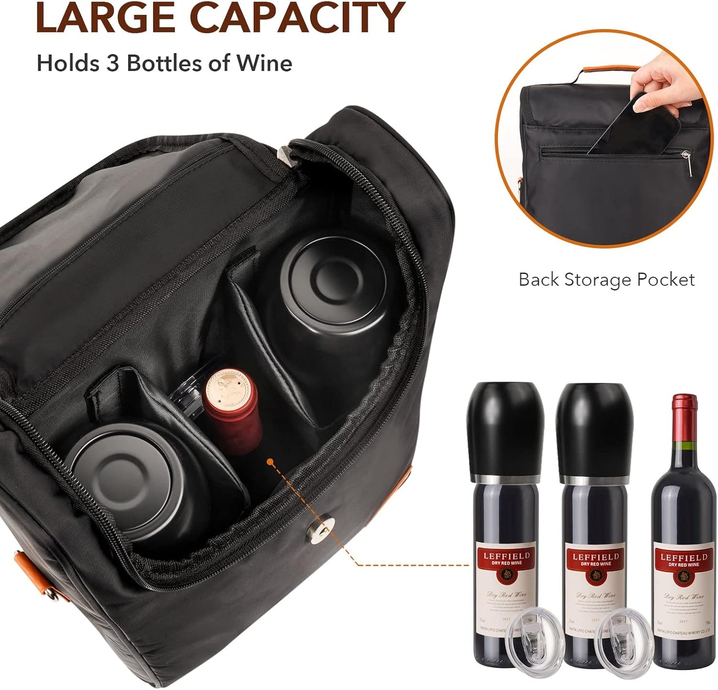 3 Bottle Wine Tote Bag with Wine Tumblers and Wine Opener, Wine Gifts for Women, Portable Wine Carrier Purse with Shoulder Strap for Travel/Picnic/Beach/Pool/Events/Hiking, Black