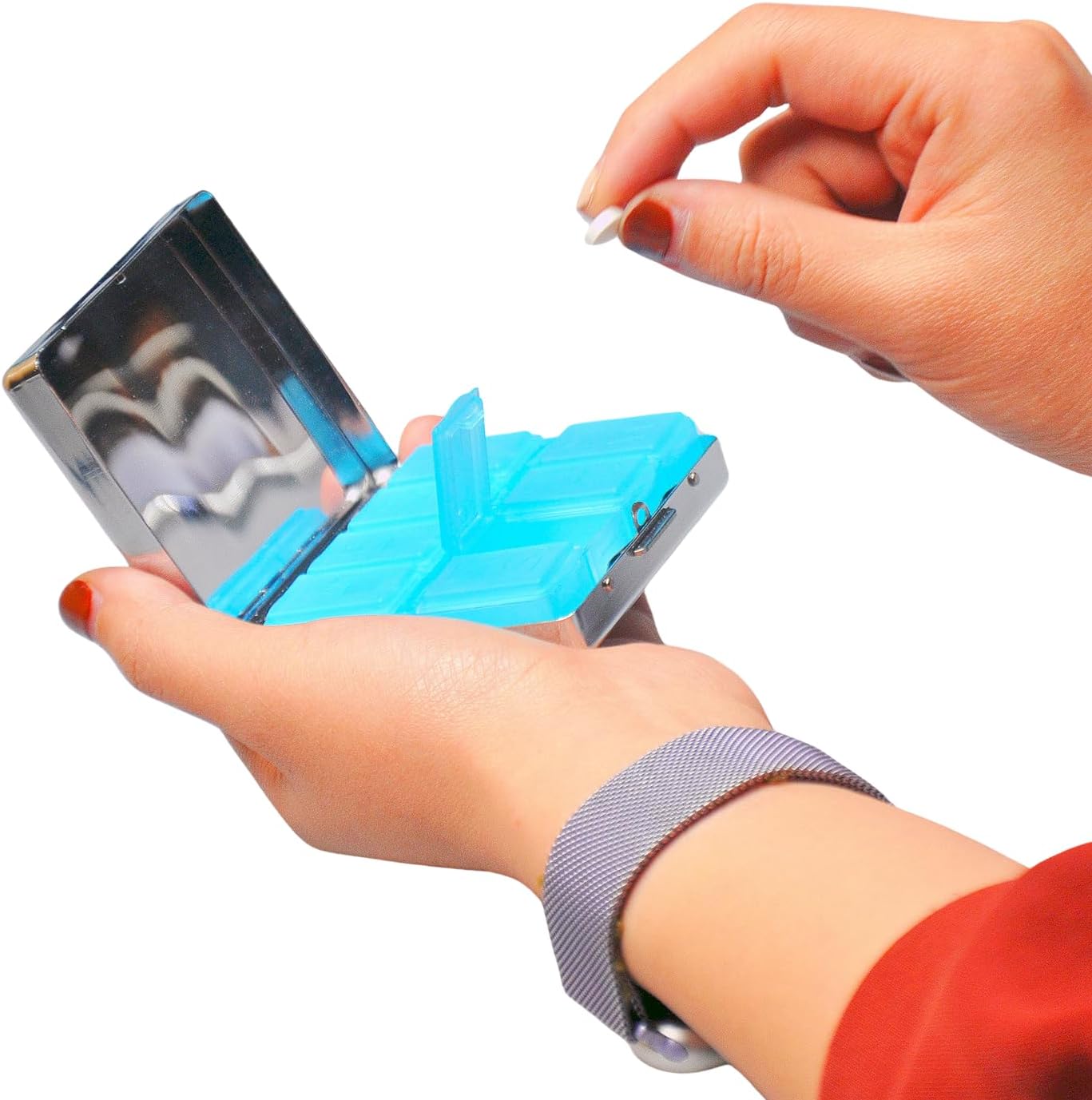 Cute and Portable Metal Pill Organizer – 8 Compartments, Elegant Chrome Finish, Ideal for Travel and Daily Use (Follow Your Heart Floral)
