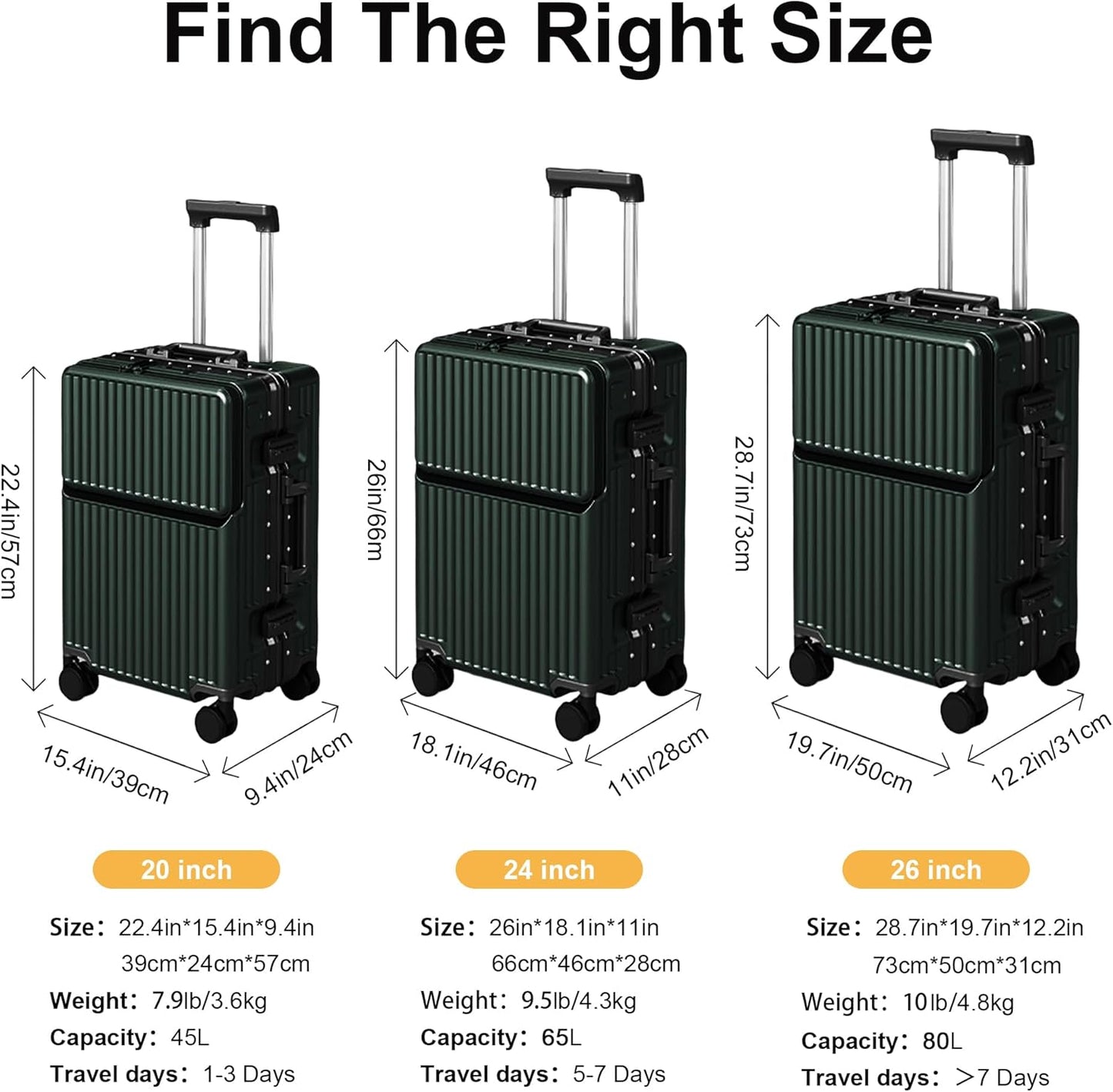 2-Piece Hardshell Zipperless Luggage Set, 20/26" Aluminum Frame Hardshell Spinner Luggage, Airline Approved Carry-On Luggage, TSA Lock, 360° Quiet Wheels With Cup Holder (green)