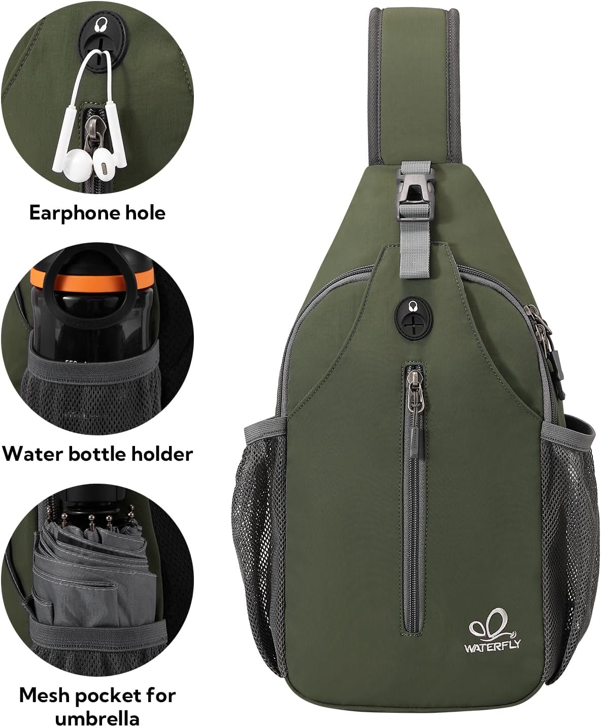WATERFLY Crossbody Sling Backpack Sling Bag Travel Hiking Chest Bag Daypack