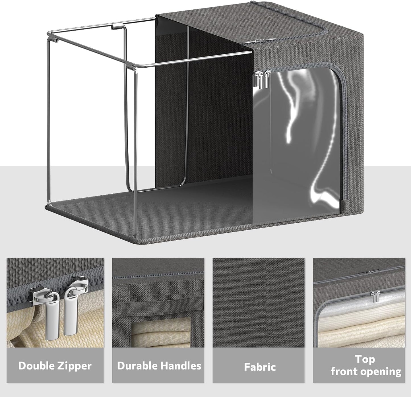 4 Pack Clothes Storage Bins with Metal Frame - Linen Fabric Foldable Stackable Container Organizer Set with Clear Window & Carry Handles & Zippers (Dark Gray, 23.6"x16.5"x15.7")