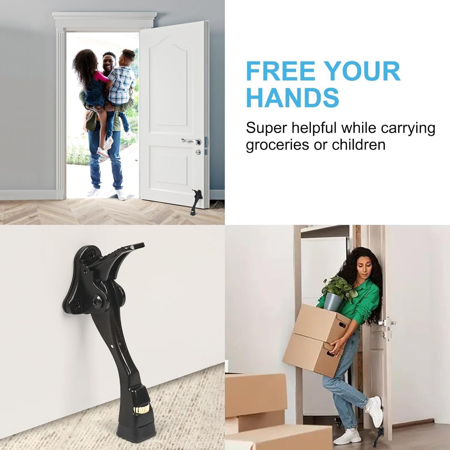 3 Packs Heavy Duty Kickdown Door Stopper, One Touch Adjustable Kickdown Door Stop for Heavy Doors, 4 in Metal Door Kickstand with Rubber Tip & Wall Protectors for Wide Doors- Black