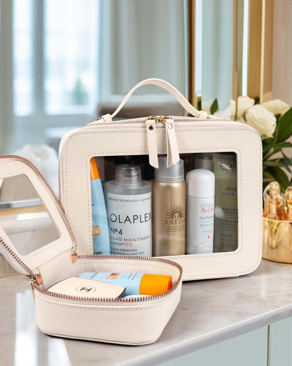 LETGO Clear Makeup Bags Set - TSA Approved Toiletry Bag with Handle Large Opening, Clear Toiletry Bags Case Pouch for Traveling Travel Car Orangizer Storage Essentials(Mini+Large Beige)