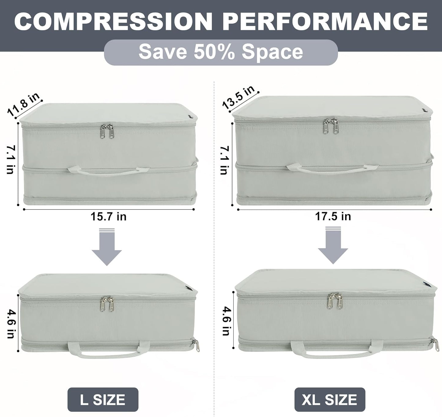 Extra Large Compression Packing Cubes for Travel Essentials, 2 Set Expandable Travel Cubes for Packing Bags Suitcase Organizer, Grey