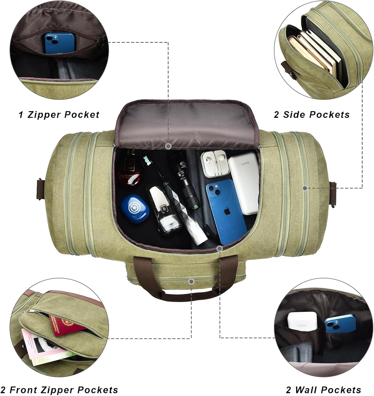 Litvyak Duffle Bag for Travel, Canvas Travel Duffel Bags Overnight Weekend Gym Carry On Luggage Bag for Men & Women (Army Green+Toiletry Bag, 50L)