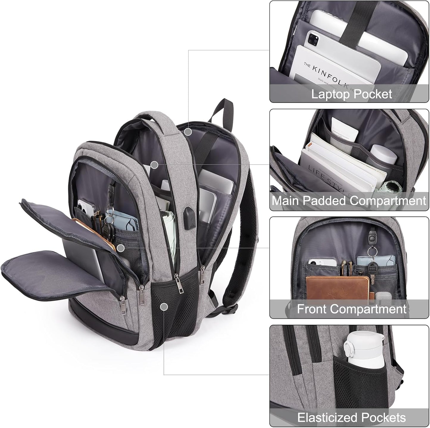 CLUCI Laptop Backpack for Men Women School Backpack College Bookbag for Men Water Resistant Travel Work Backpacks Fits 15.6" Laptop Business Computer Bag with USB Charging Port Grey