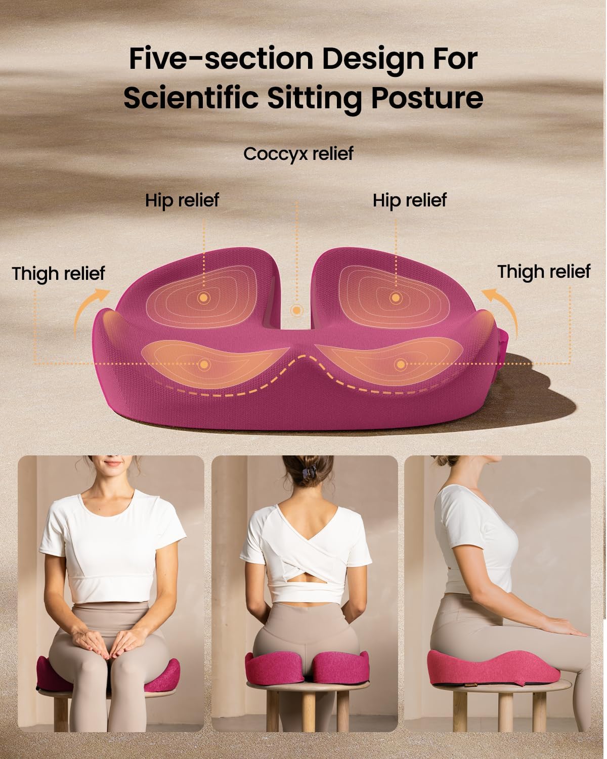 ProtoArc Seat Cushion, Office Chair Cushion for Sciatica, Coccyx Cushion, Ergonomic Memory Foam Seat Cushion for Car, Home, Pressure Relief Pad for Hip, Tailbone, All Day Comfort - Rose