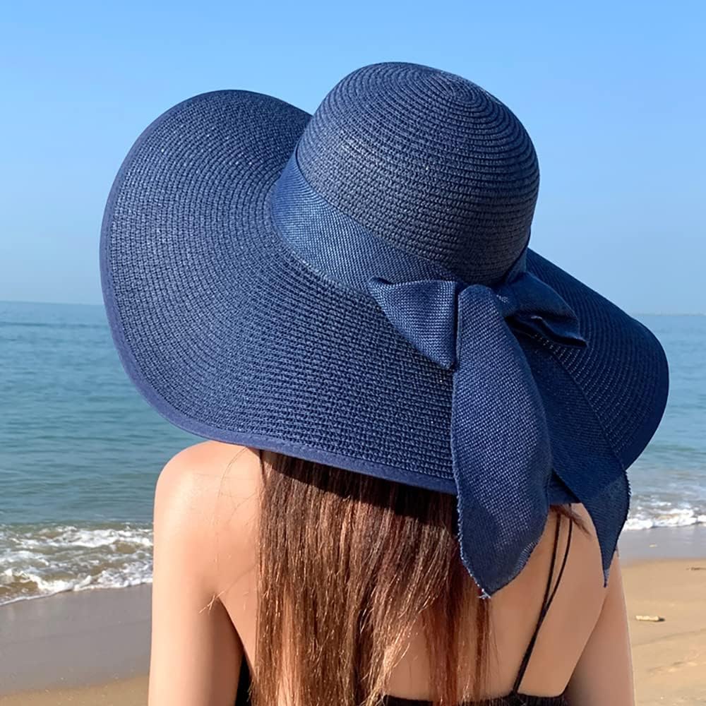 DRESHOW Beach Hats for Women Big Straw Wide Brim Summer Hat Floppy Foldable Roll up Cap Sun Hat UPF 50+
