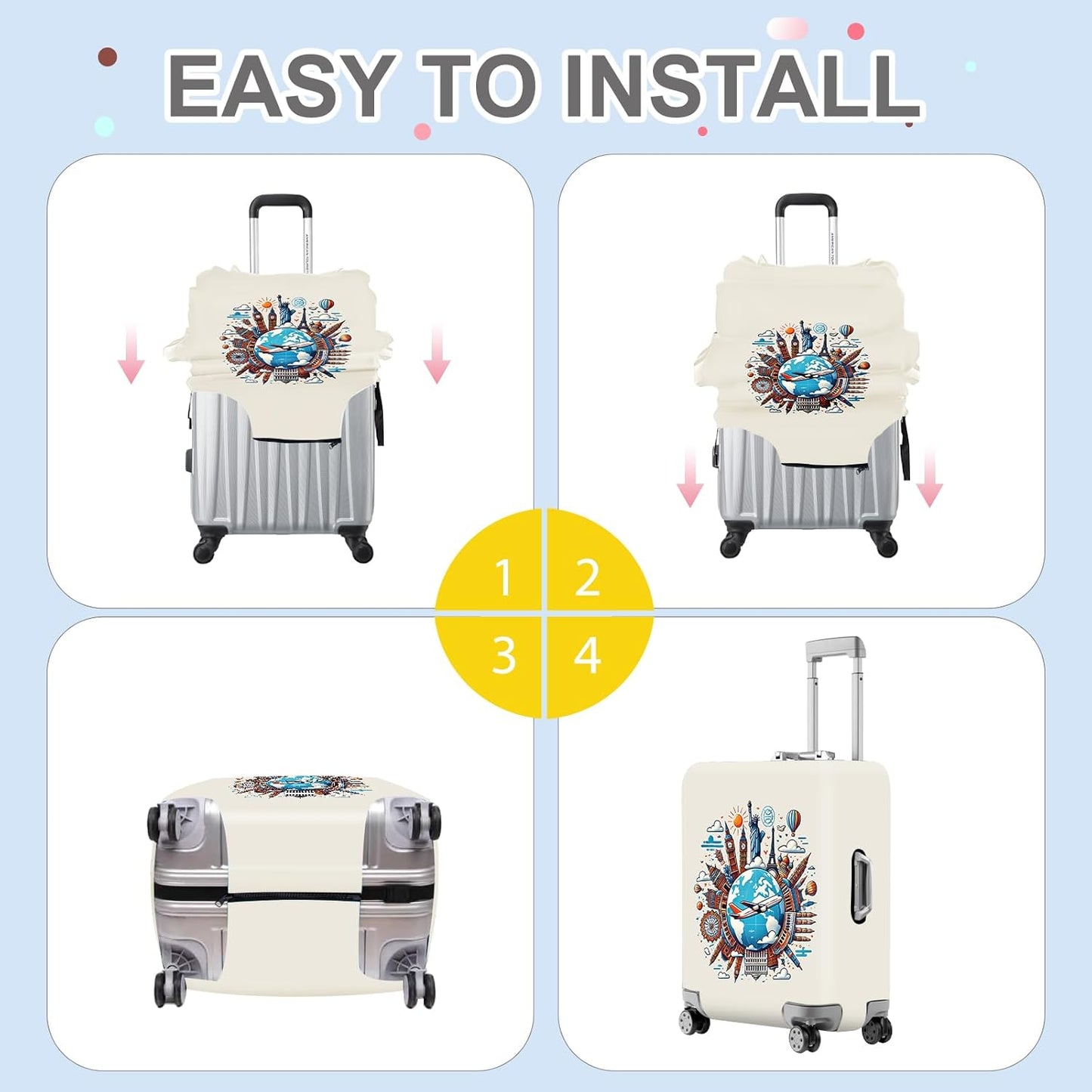 ANNA QUEEN Travel Around the World Luggage Cover, Colorful Landmark Suitcase Protector with Airplane & Globe Design, Stretchable, Washable Travel Sleeve for 24-26 Inch Luggage