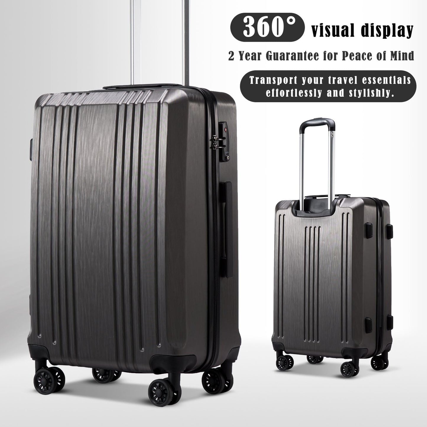 Coolife Luggage Suitcase PC+ABS with TSA Lock Spinner Carry on Hardshell Lightweight 20in 24in 28in (grey, M(24IN))