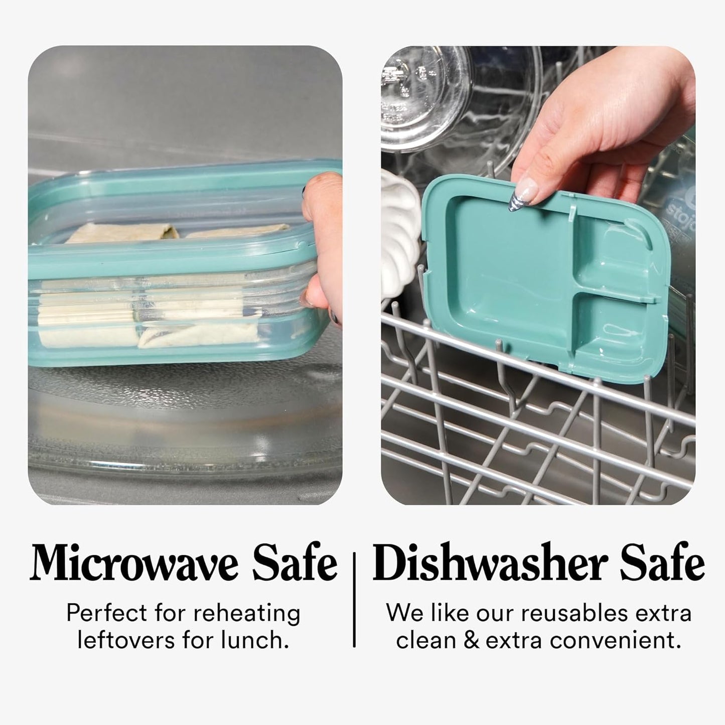 STOJO Collapsible Bento Box, Reusable, Leak-Proof, Microwave & Dishwasher Safe, Premium Lunch Container with Divider – Space-Saving, Transparent Design (Eucalyptus, 6-Cup/1.5L)