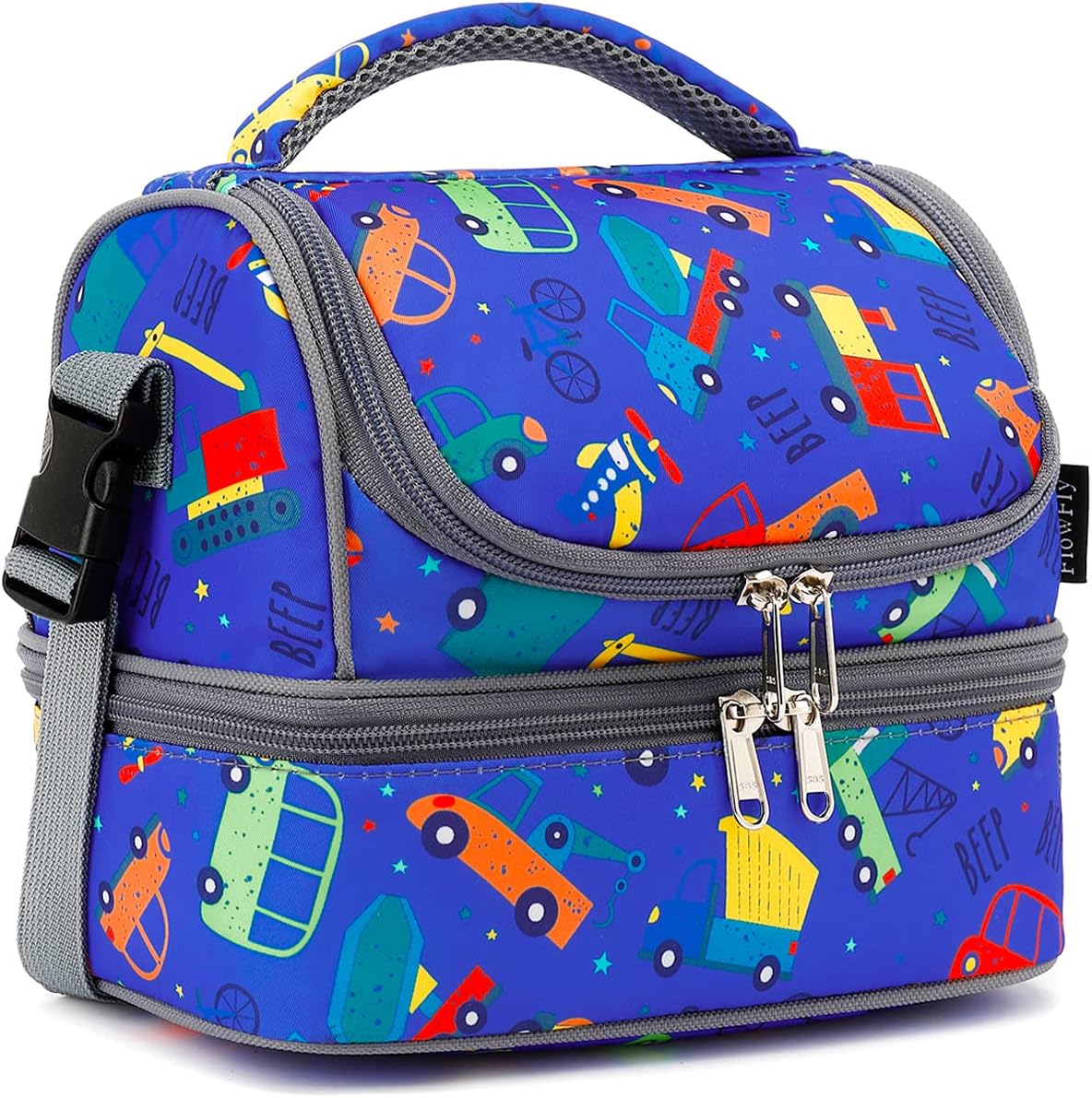 FlowFly Kids Double Decker Cooler Insulated Lunch Bag Large Tote for Boys, Girls, Men, Women, With Adjustable Strap, Car