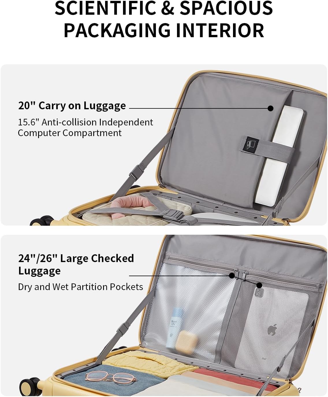 aji Expandable Top Open 24 Inch Checked Luggage with Spinner Wheels, Large Suitcase with TSA Lock, Hardside Travel Luggage Suitcases for Men Women, for 14+Days Travel, Cheese Yellow