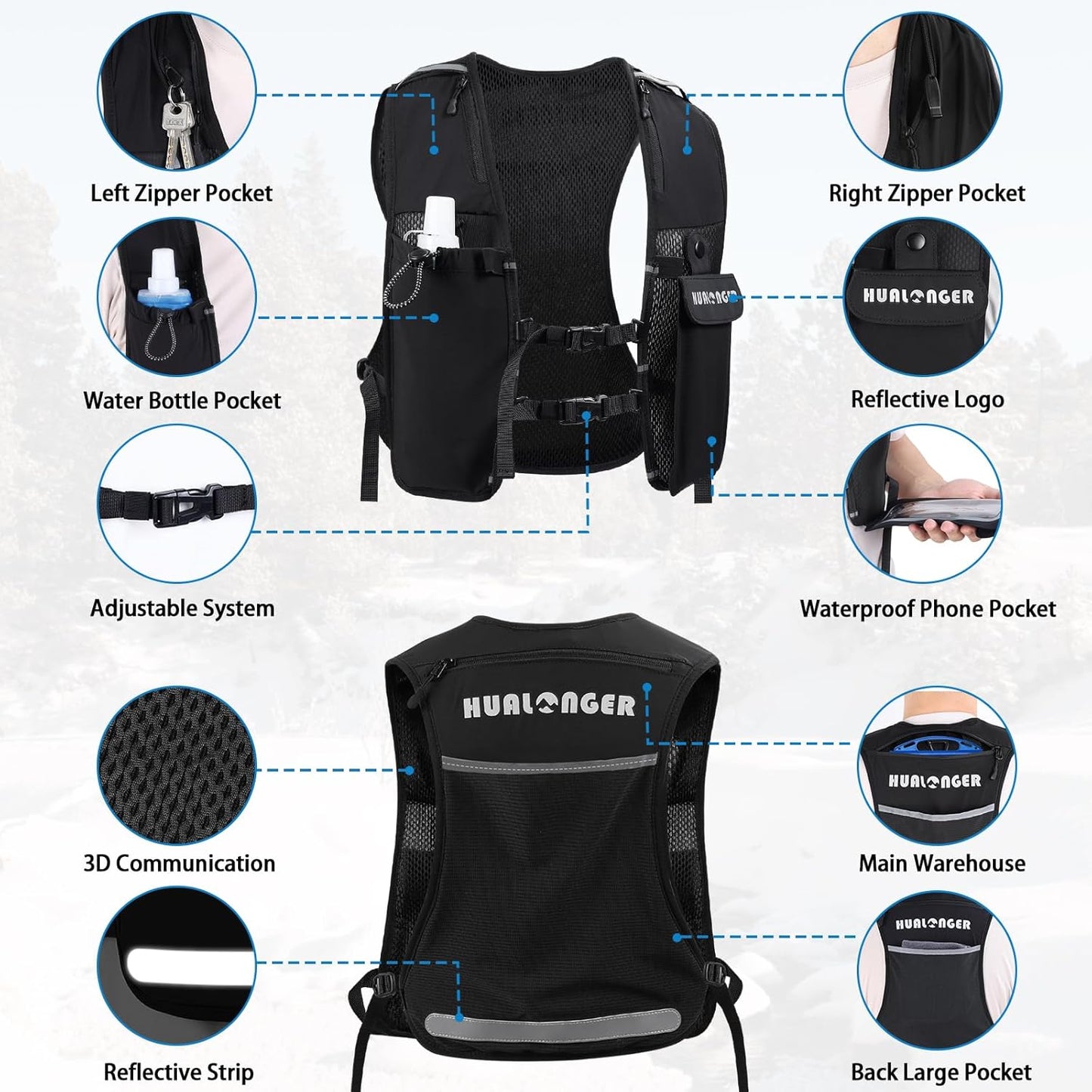 Running Hydration Vest for Women Men,Lightweight Breathable Hydration Pack with 500ml Soft Flask, Adjustable Chest Straps Reflective Backpack for Trail Running Marathon Race Jogging Cycling