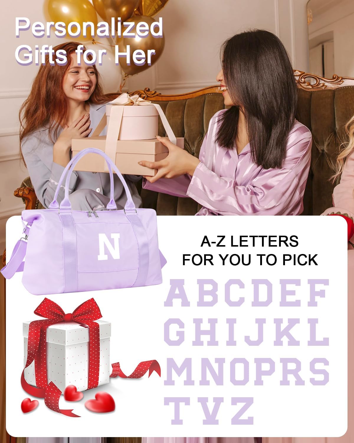 Daughter Niece Gifts for Teen Girl Kids, Initial Travel Duffel Bag Sports Gym Bag Personalized Gifts Weekender Bag，Monogram Overnight Bag Cute Dance Bag Birthday Bridesmaid Gifts for Women(Purple, N)