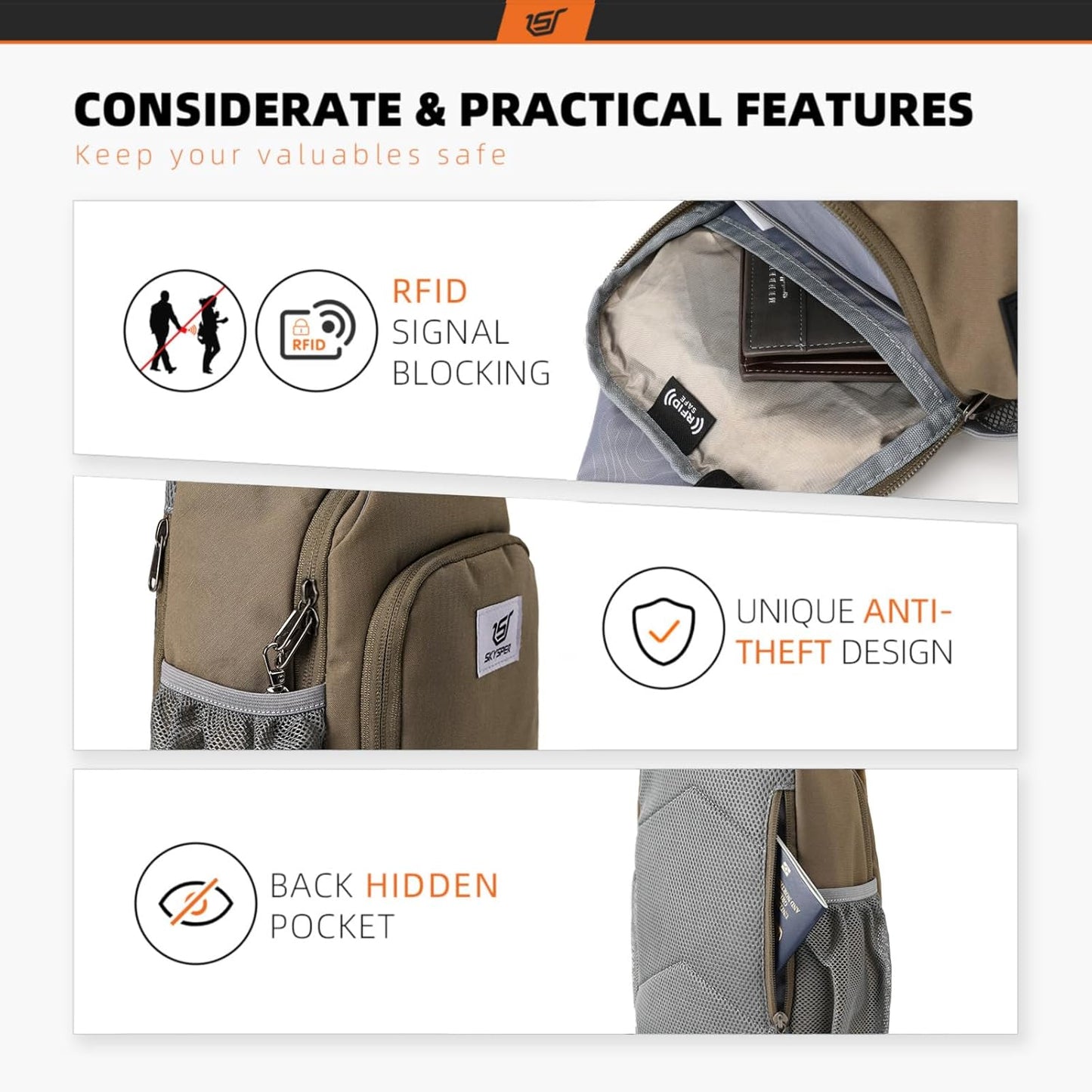 SKYSPER Sling Bag RFID Crossbody Sling Backpack Cross Body Shoulder Bag Travel Hiking Daypack for Women Men