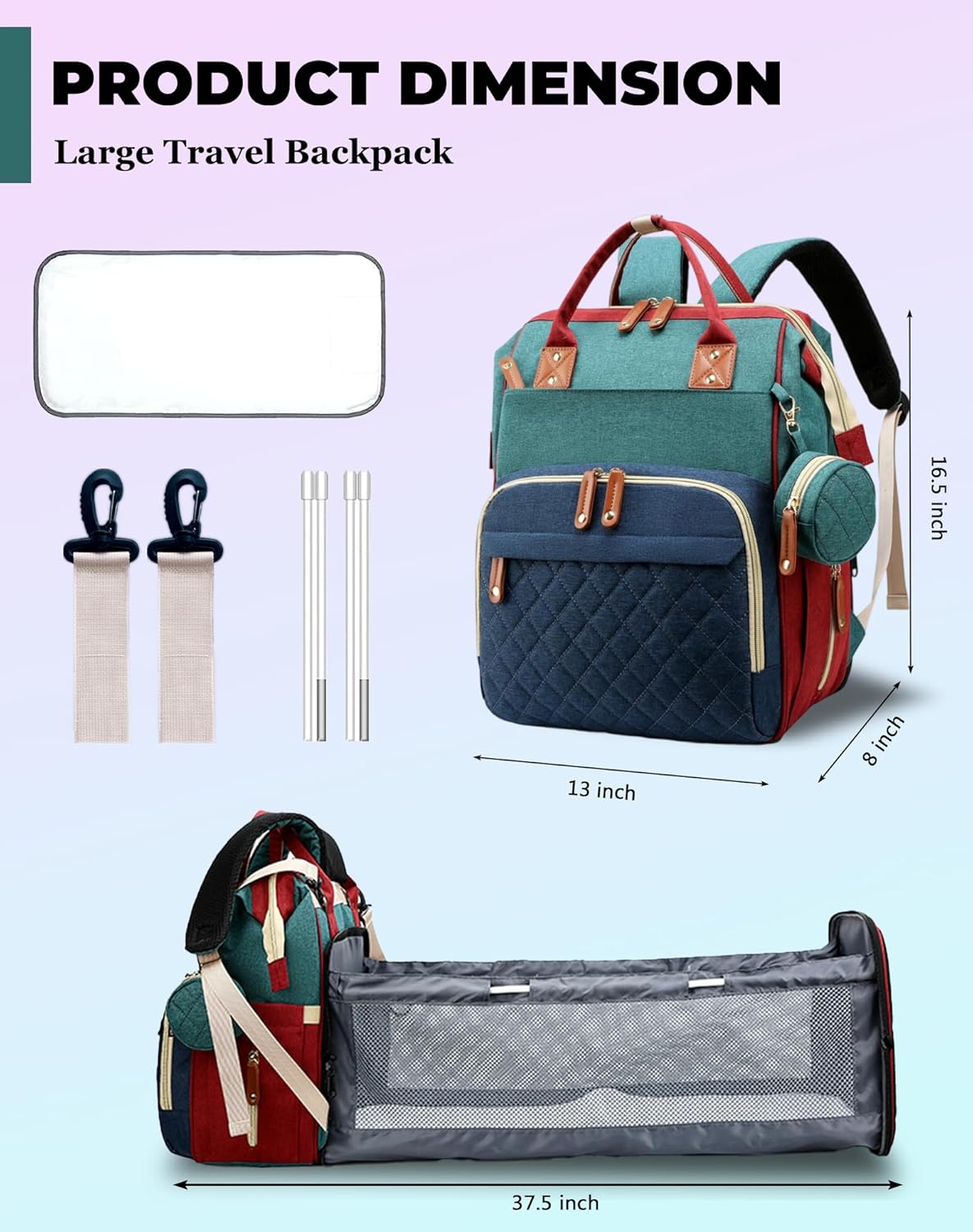 Diaper Bag with Changing Station, Waterproof 3 in 1 Diaper Backpack with Foldable Changing Pad, Baby Registry Search &Baby Shower Gifts - Newborn Essentials, Red-Green-Blue