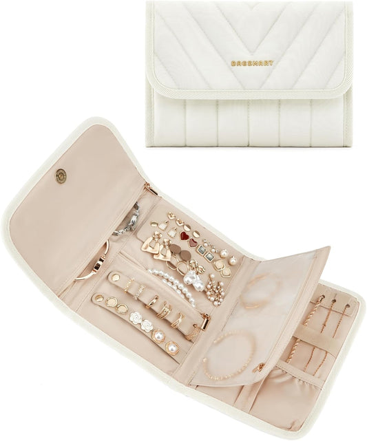 BAGSMART Travel Jewelry Organizer Case, Foldable Jewelry Roll for Necklaces, Earrings, Journey-Rings, Bracelets, Brooches, Portable, Beige