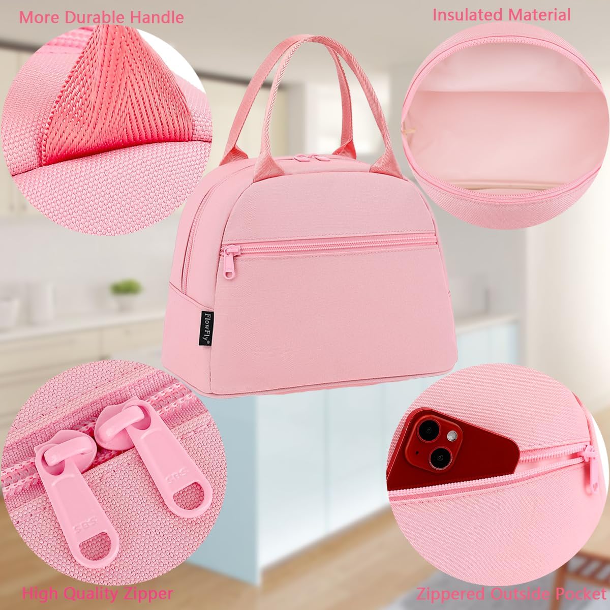 FlowFly Lunch Bag for Women Insulated Lunch Box Corduroy Lunch Tote Cooler for Travel Work Picnic, Pink
