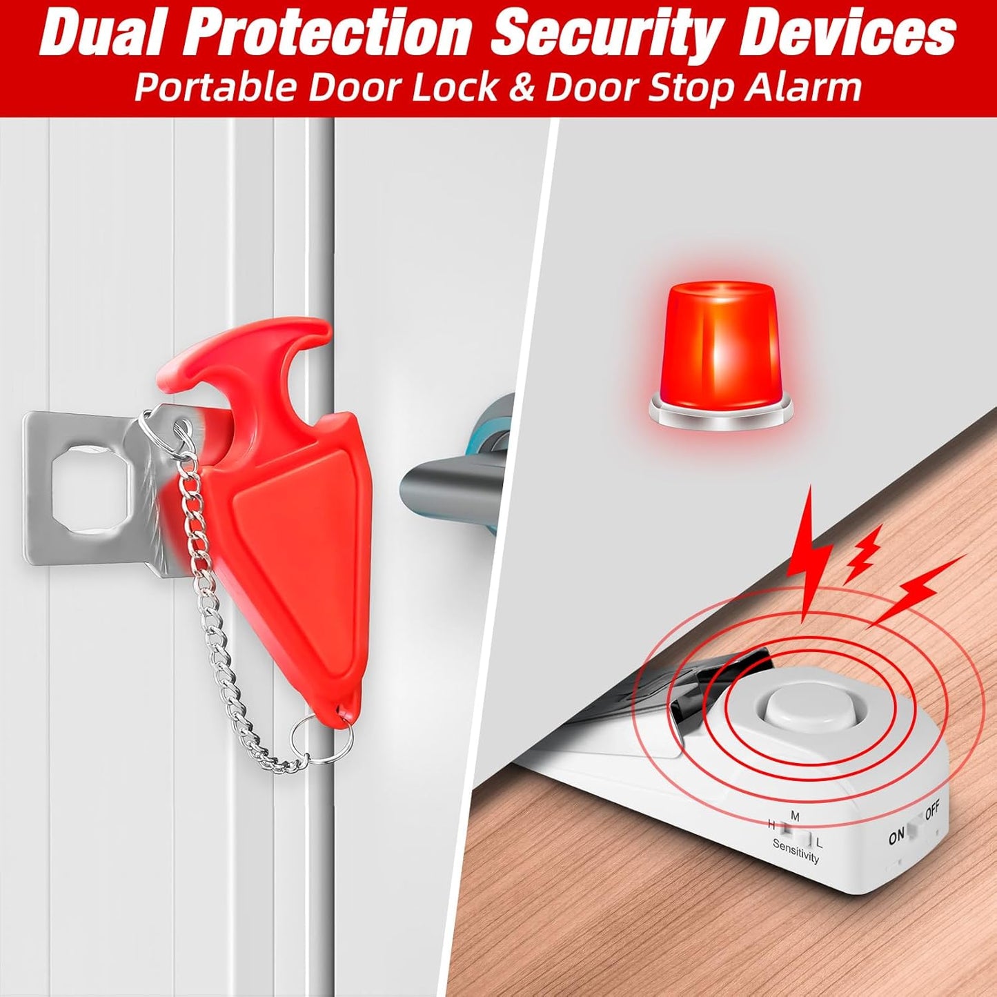 Portable Door Stop Alarm and Traveling Hotel Door Lock, No Installation Required, Provides Double Security for Home, Hotel and Traveling (1 Door Lock + 1 Door Stop)