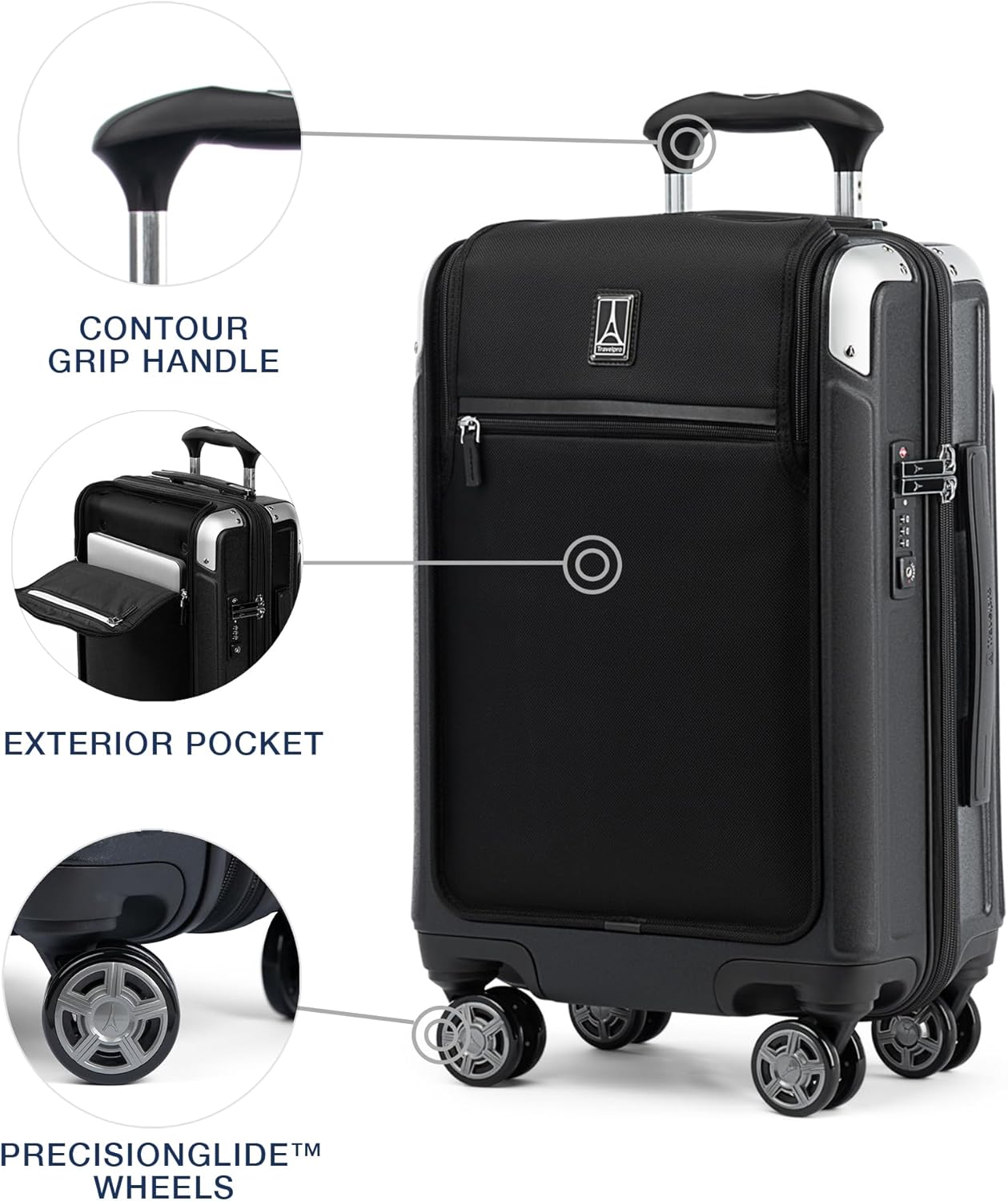 Travelpro Platinum Elite Hardside Expandable Carry on Luggage, 8 Wheel Spinner, TSA Lock, Hard Shell Polycarbonate Suitcase, Shadow Black, Carry on Laptop Pocket 21-Inch