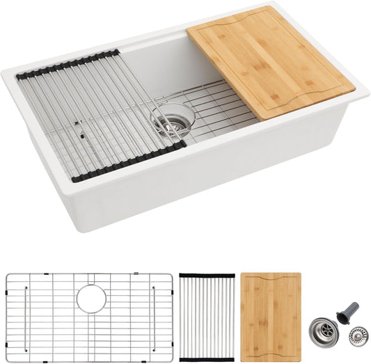 Dcolora 32-Inch Granite Composite White Kitchen Sink, Single Bowl Undermount Workstation Quartz Sink, 32"W x 19"D x 10"H #DC-GU7755