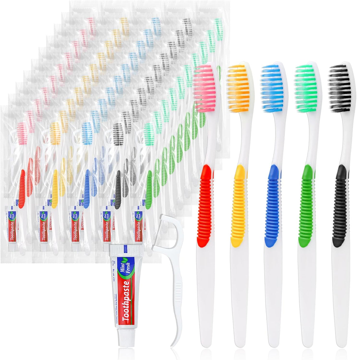 Disposable Toothbrushes with Toothpaste and Floss,10pcs Single Use Individually Wrapped Disposable Travel Toothbrushes and Dental Floss Kit Bulk for Homeless,Airbnb,Dentist,Hotel(5 Colors)