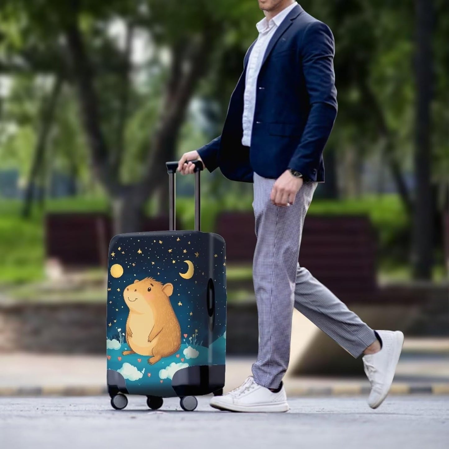 Capybara Suitcase Cover Cute Luggage Cover Protector Invisible Zipper Closure Travel Luggage Protector Fit 26-29 Inch Anti-Scratch Stretchable Suitcase Protector, Moon and Star