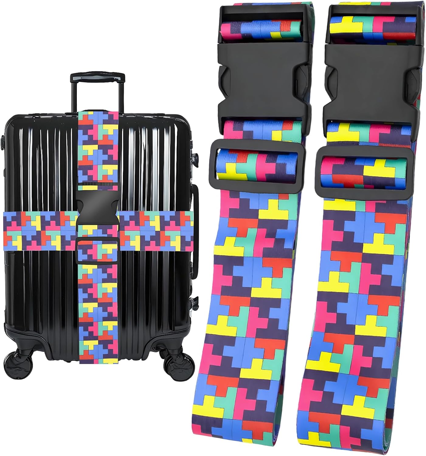 Puzzle Luggage Straps for Suitcases, Adjustable Luggage Travel Belt to Keep Luggage Security While Travel, Strong Polyester Fabric, Easy-to-Recognize Funny Pattern Travel Essentials, 2 Pack