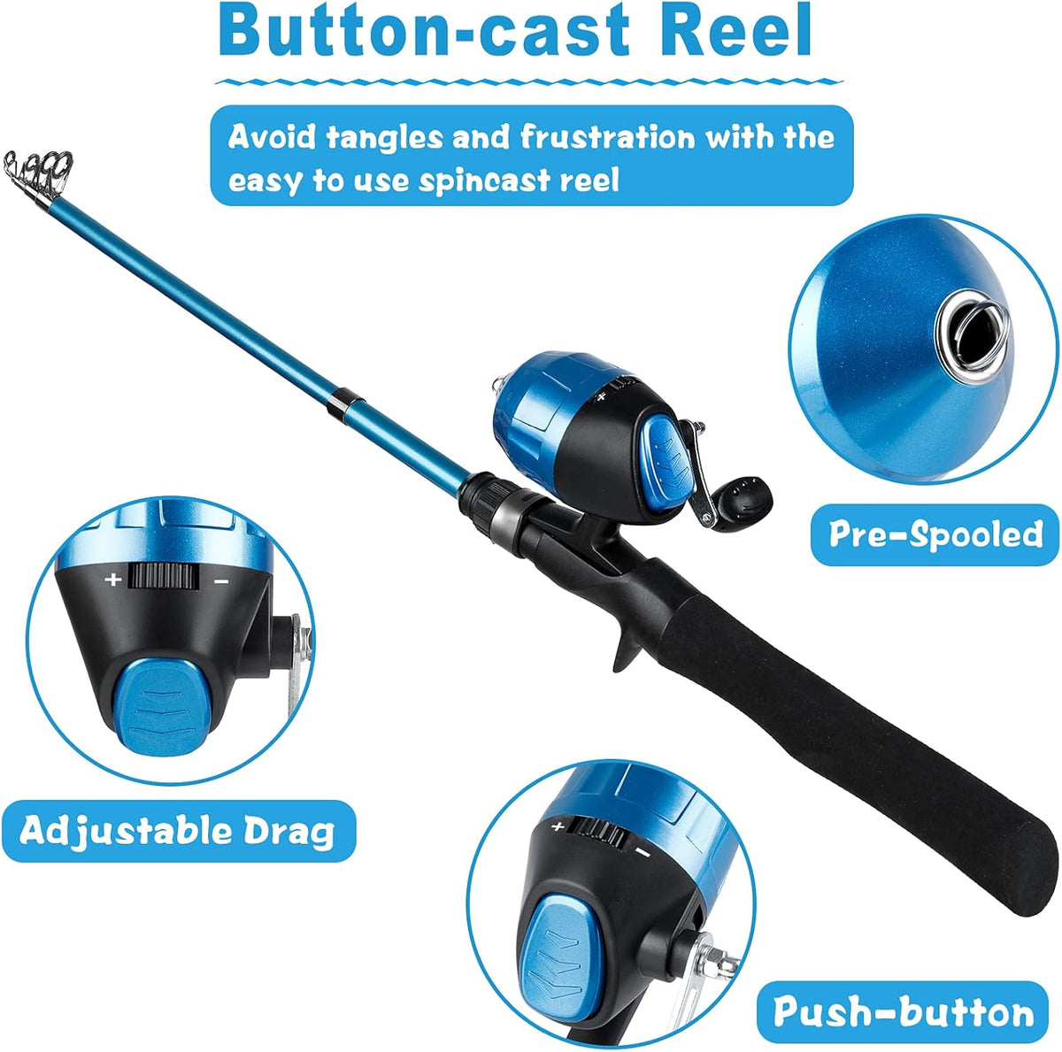 PLUSINNO Kids Fishing Pole with Spincast Reel Telescopic Fishing Rod Combo Full Kits for Boys, Girls, and Adults